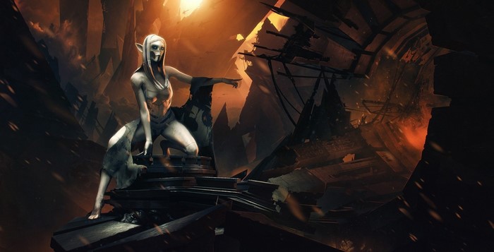 Fantasy art of an elf in a ruined environment