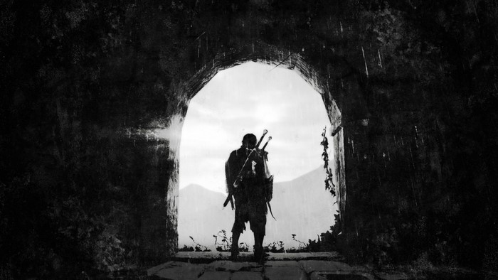 Silhouette of a warrior with swords in an archway