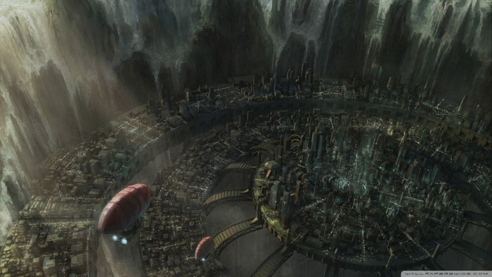 Fantasy city built in a canyon with waterfalls and airships