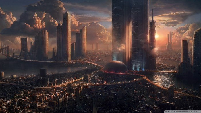 Futuristic cityscape at dusk with towering skyscrapers and bridges