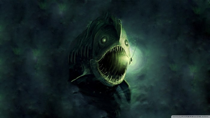 Fantasy art of a monstrous anglerfish in dark water