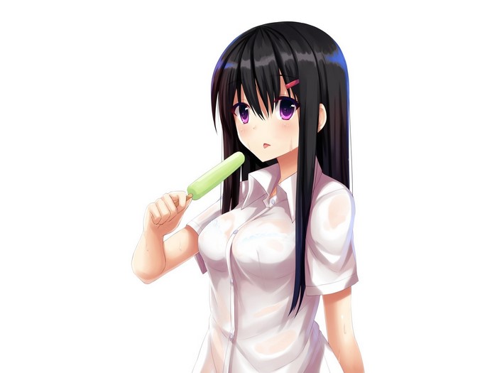 Anime girl with black hair eating ice cream
