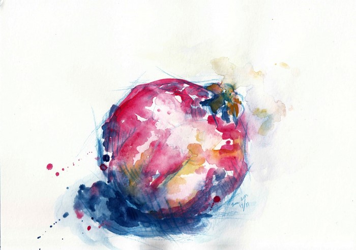 Watercolor painting of a red fruit with blue accents