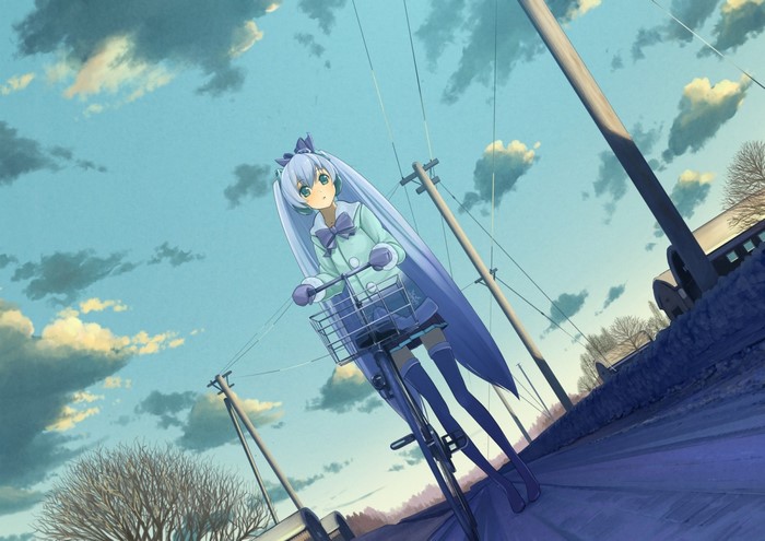 Hatsune Miku riding a bicycle on a cloudy day