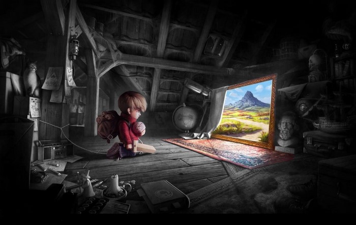 Boy in attic looking at a magical landscape painting