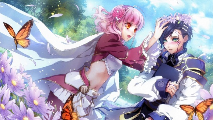 Anime illustration of a girl placing a flower crown on a boy