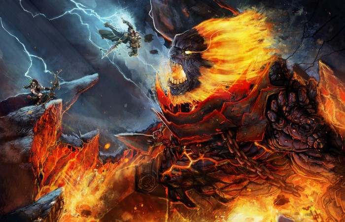 Fantasy art of a fiery giant battling heroes