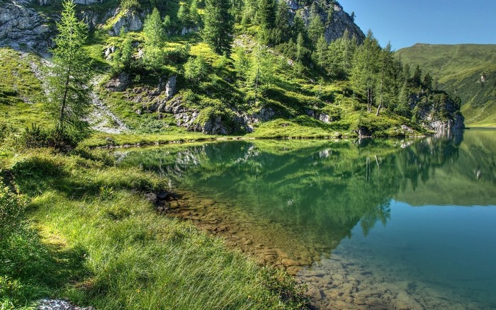 Mountain lake with reflection and trees