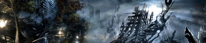 Ruined city with trees and sunlight