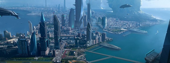 Futuristic cityscape with skyscrapers and flying vehicles