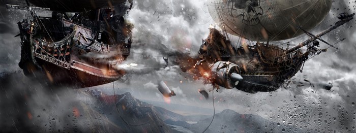 Two steampunk pirate airships in a stormy sky