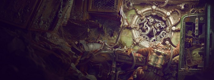 Steampunk scene with gears and diving suit