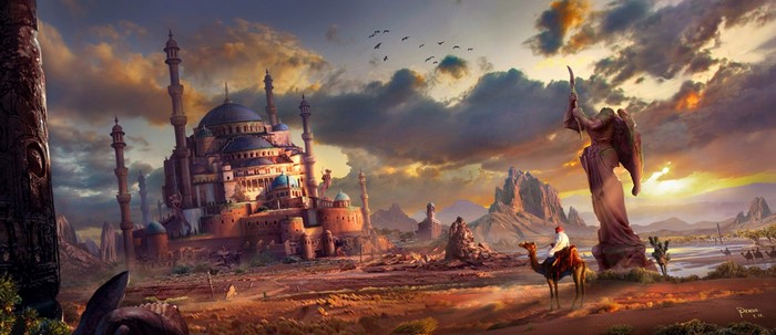 Fantasy desert landscape with mosque and statue