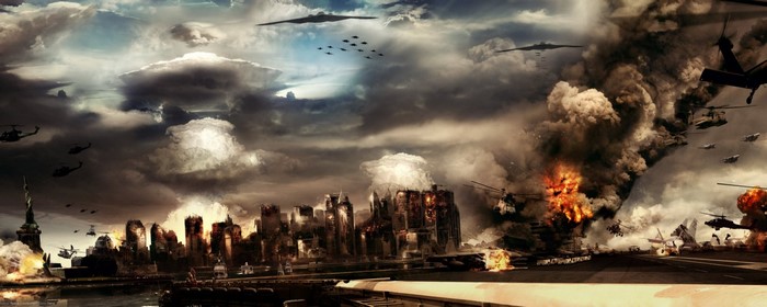 War over a burning city with aircraft