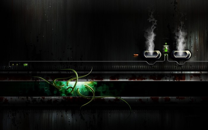 Dark industrial scene with glowing green vines and steam