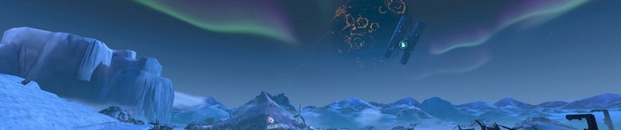 Alien planet landscape with aurora and orbiting structure