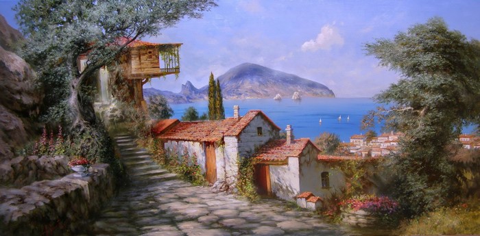 Coastal village with houses and a bay