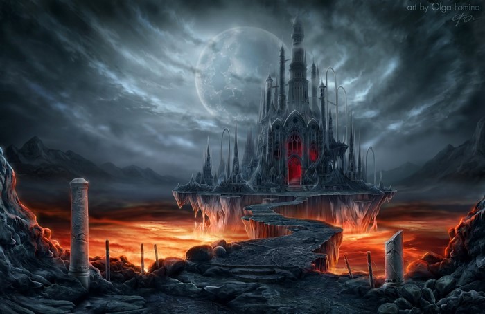Dark fantasy castle on a floating island over lava