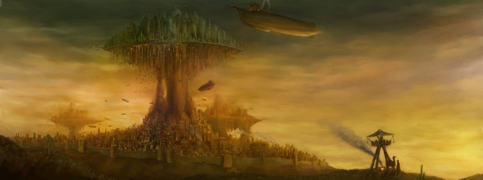 Steampunk city with floating islands and airships at sunset
