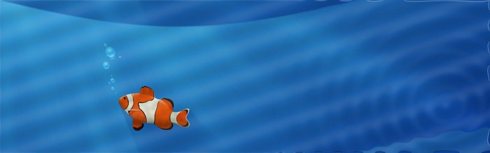 Clownfish swimming in blue water with bubbles