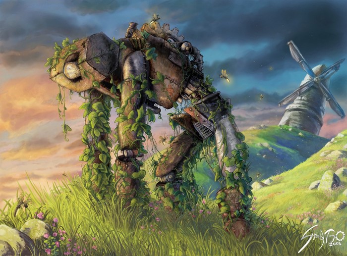 Giant robot covered in vines in a field with a windmill