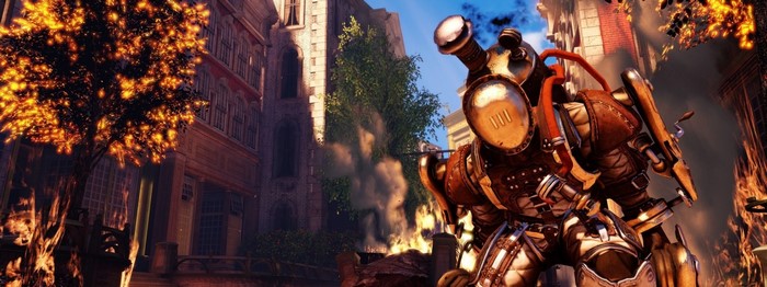 Steampunk automaton in BioShock Infinite during autumn