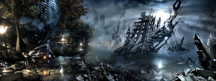 Apocalyptic ruined city with a car