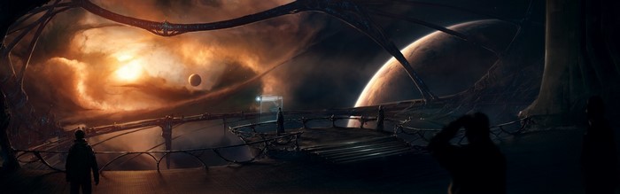 Sci-fi scene with planets and a futuristic structure
