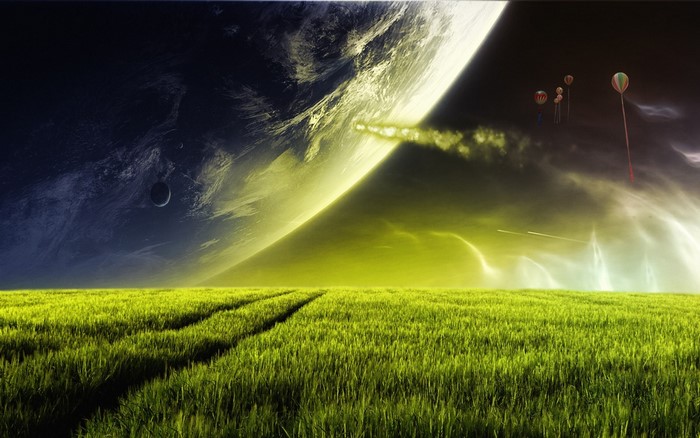 Alien planet with hot air balloons over a grassy field