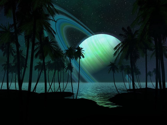 Planet with rings over ocean with palm trees