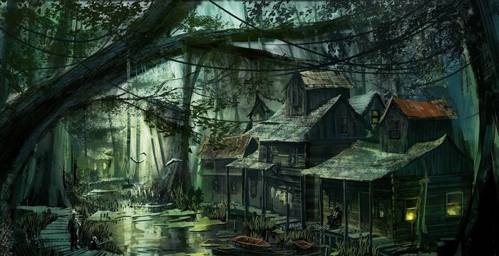 Mysterious Swamp Village at Dusk