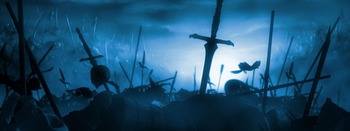 Battlefield with swords and a bird
