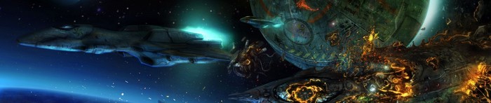 Spaceship near a damaged space station in orbit