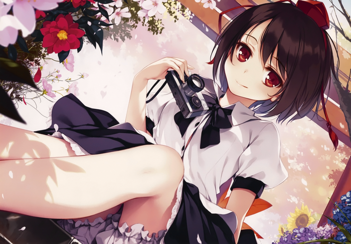 Shameimaru Aya from Touhou holding a camera