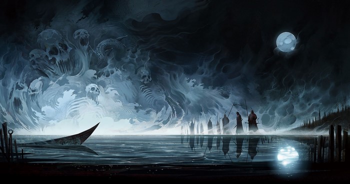 Fantasy art of ghostly figures and a boat at night
