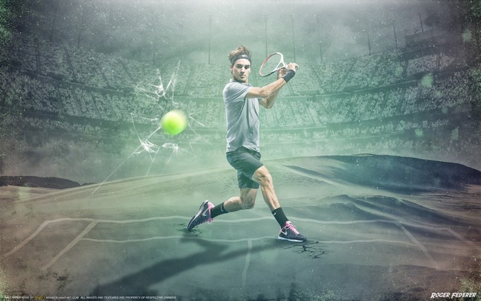 Roger Federer playing tennis in a stadium