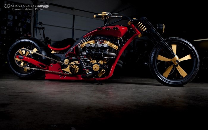 Custom red and gold chopper motorcycle