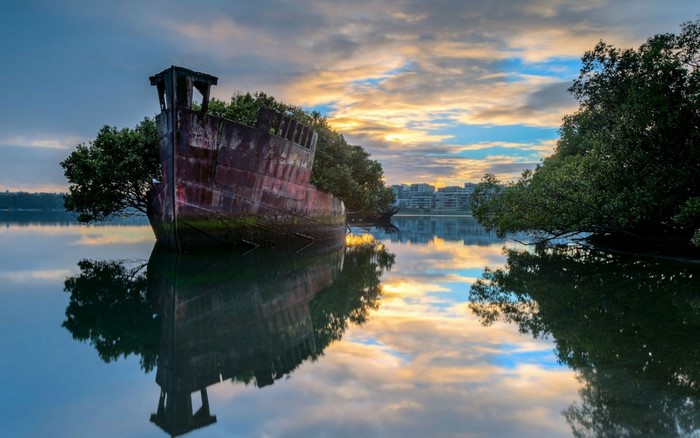 Abandoned ship in water with trees and reflection