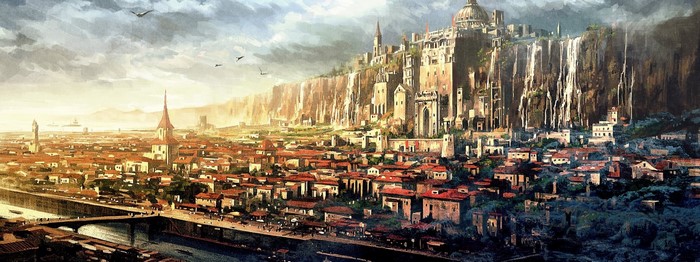 Fantasy city with waterfalls and a river