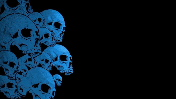Illustration of blue skulls on a black background
