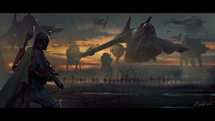 Boba Fett and army with spaceships and AT-ATs