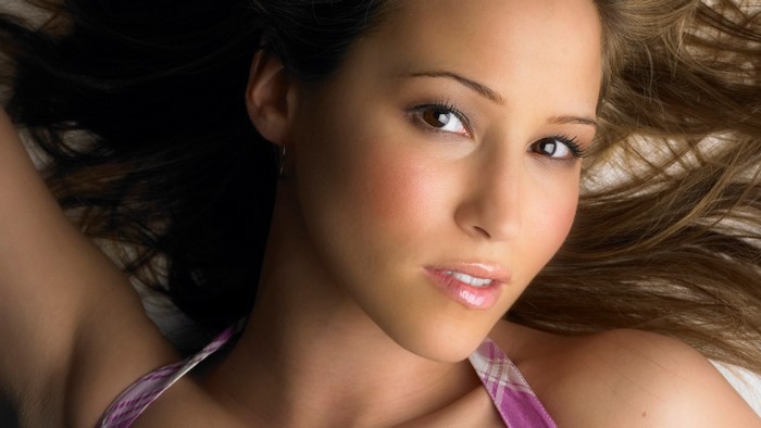 Rachel Stevens portrait with long brown hair