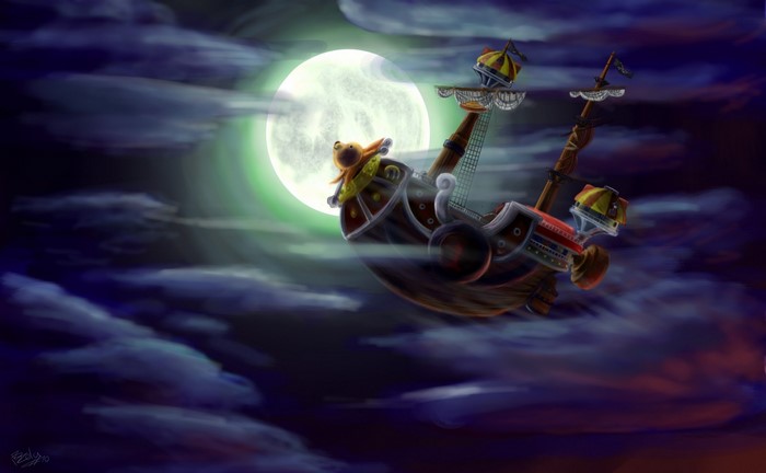 Thousand Sunny from One Piece flying through clouds
