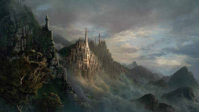 Fantasy castle on a mountain peak with mist