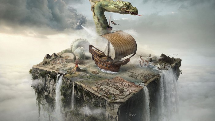 Fantasy book island with dragons and ship