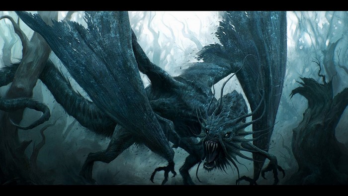 A dark dragon in a misty forest