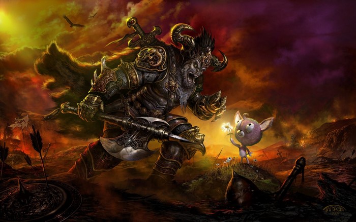 Warlord and creature with flower in fantasy landscape
