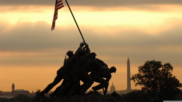 Iwo Jima Memorial at sunset with Washington Monument
