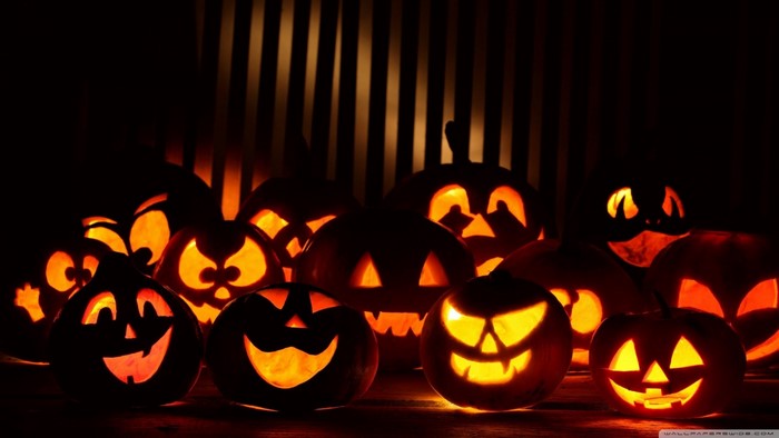 Glowing Jack O Lanterns on Halloween Night