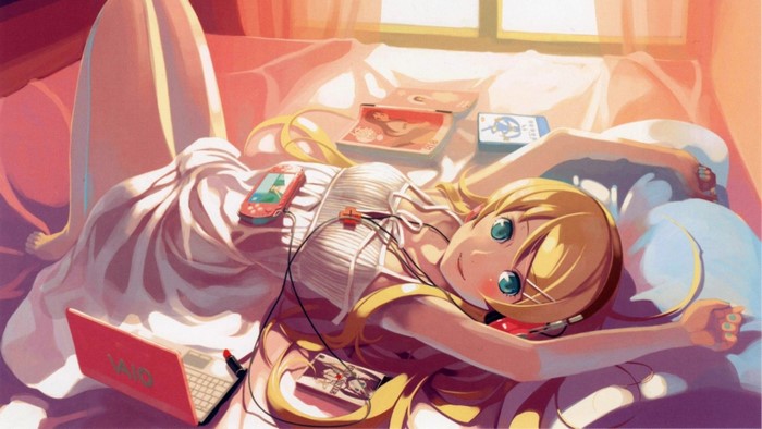 Anime girl with headphones and laptop